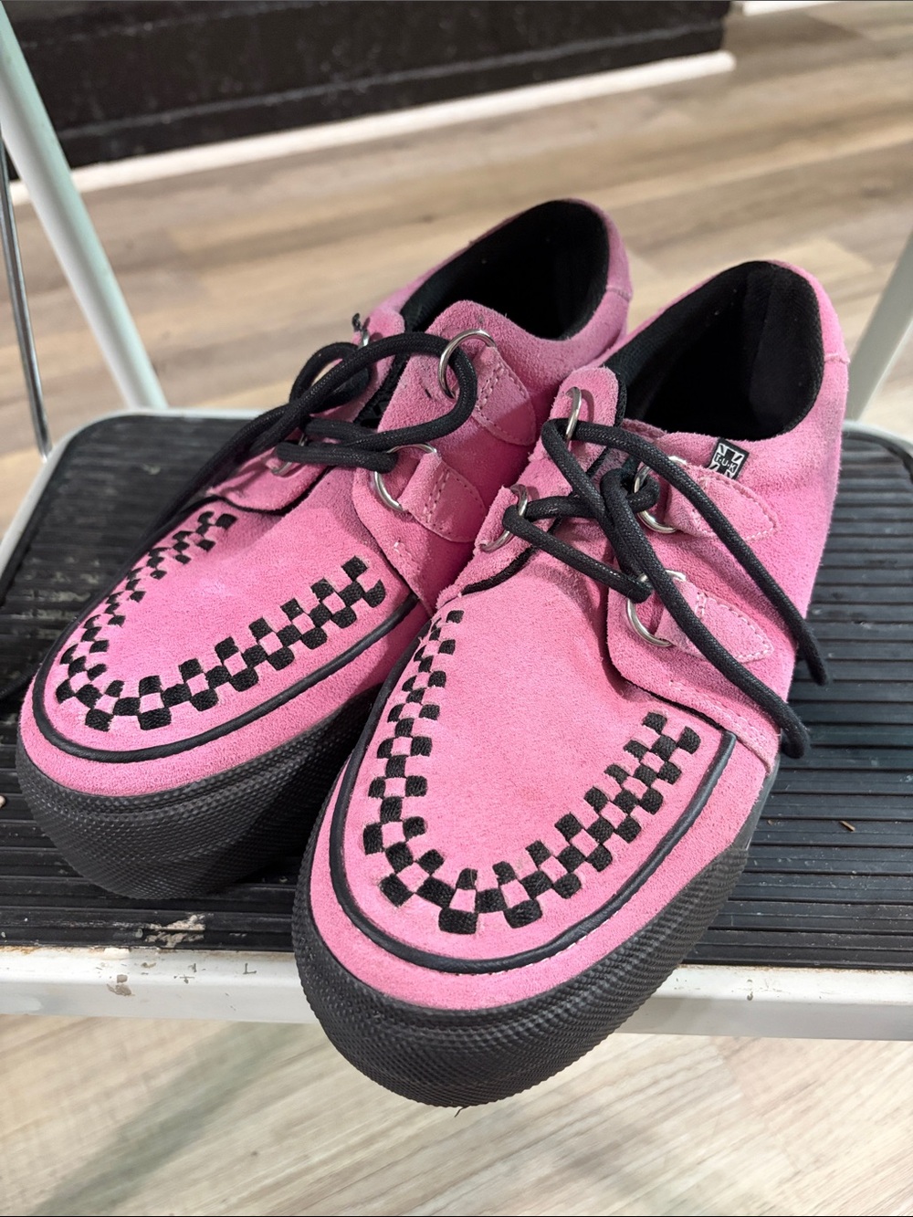 T.U.K Pink Checkerboard Platform Lace-Up Sneakers - women’s 7
